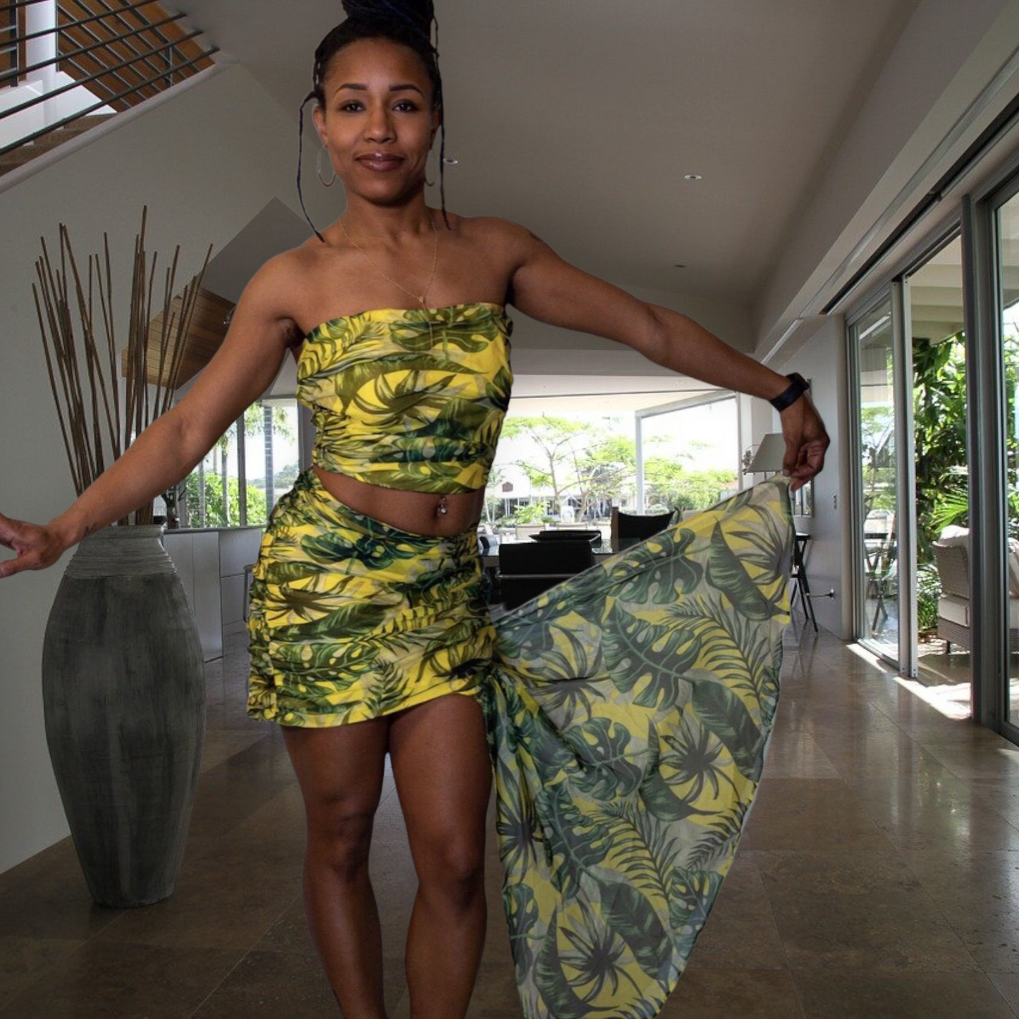 Tropical Leaf Print Top and Skirt Set